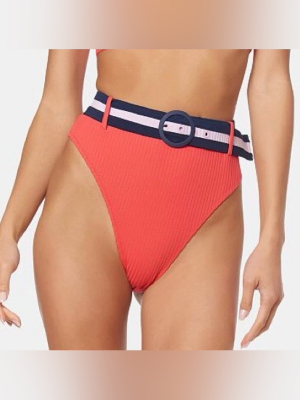 JESSICA SIMPSON Retro High-Waist Ribbed Belted Bikini Bottom